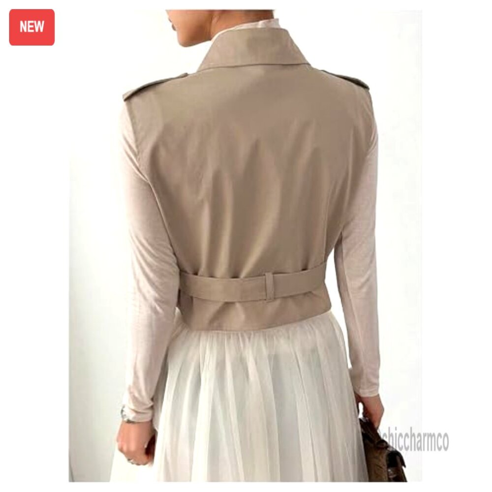 Sleeveless Cropped Trench Coat Belted Lapel Collar Vest Chic Minimal Elegant - Picture 2 of 7